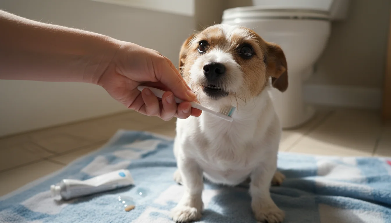 A human hand holds a toothbrush to the slightly open mouth of a small, apprehensive terrier dog on a patterned towel on a bathroom floor.