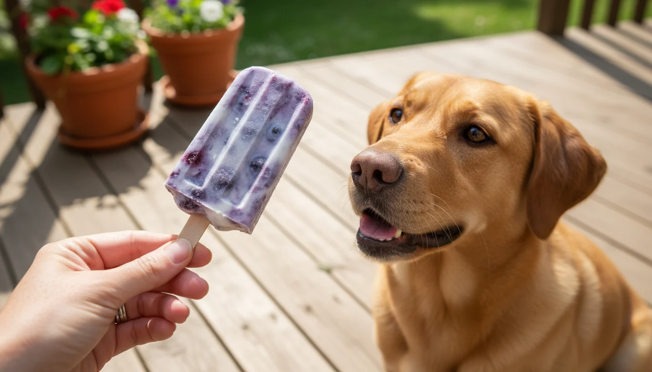 A human hand offers a purple-swirled blueberry yogurt pupsicle on a stick to a golden Labrador mix sitting on a patio.