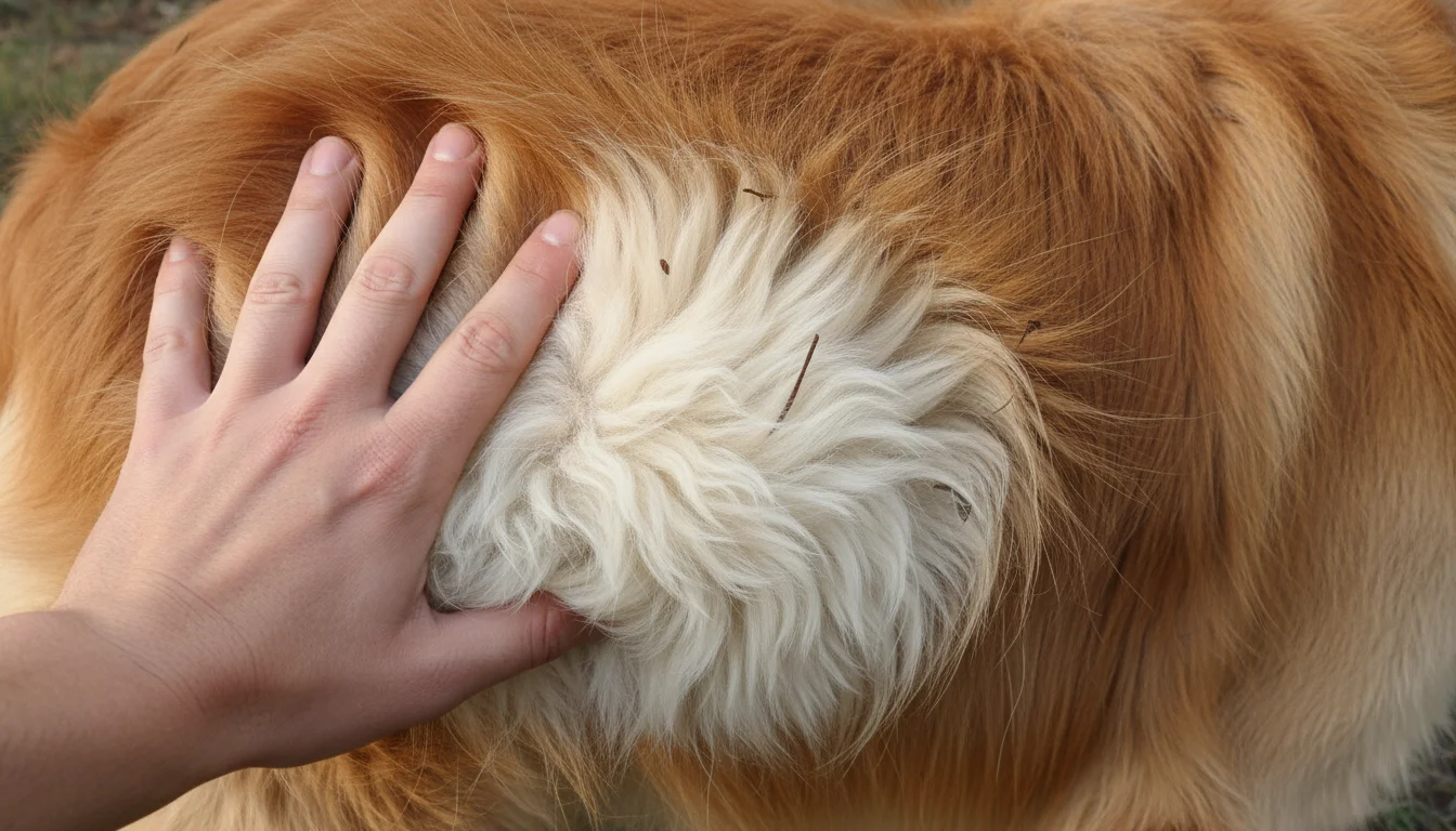 Close-up of a human hand gently parting the golden fur on a dog's side, revealing a denser, lighter undercoat beneath the outer guard hairs.