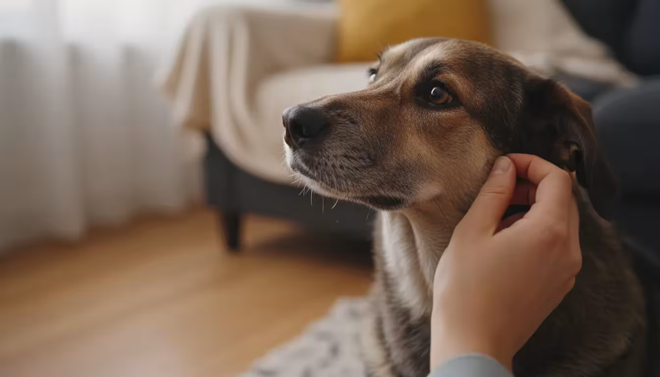 A human hand gently parts a dog's fur on its side, revealing a small patch of dry, red skin, as the dog looks up patiently.