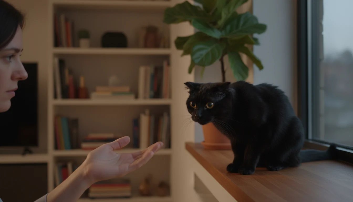 Human hand reaching towards a black cat with wary eyes and defensive posture on a windowsill, expressing concern.