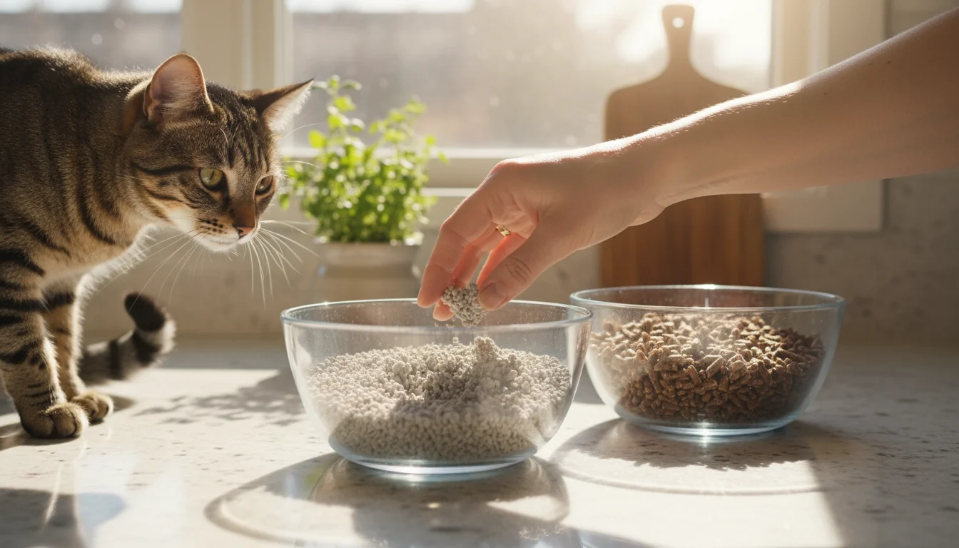 A human hand sifts clay cat litter in a clear bowl. Wood pellet litter is in another bowl nearby. A curious domestic cat peeks over the counter edge.