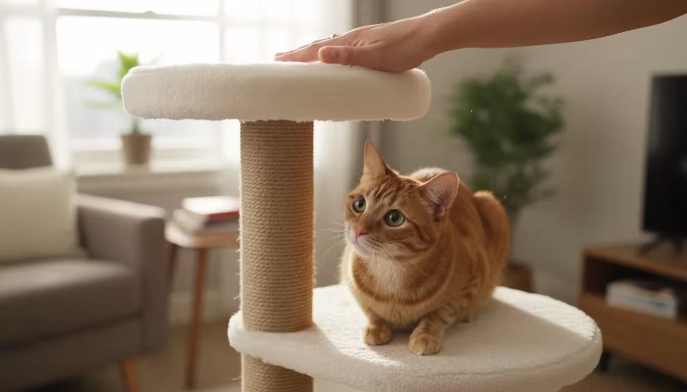 A human hand tests the stability of a compact cat tree's top platform. A curious cat watches from below in a cozy small apartment.