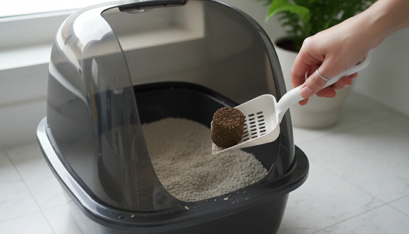 A human hand uses a litter scoop to lift a perfectly formed clump of cat litter from a clean, gray litter box.