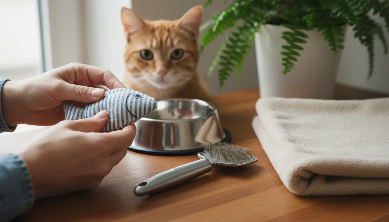 Human hands inspect a clean, well-loved fabric cat toy on a wooden counter. A sparkling metal bowl, grooming brush, and clean bed cover are arranged n