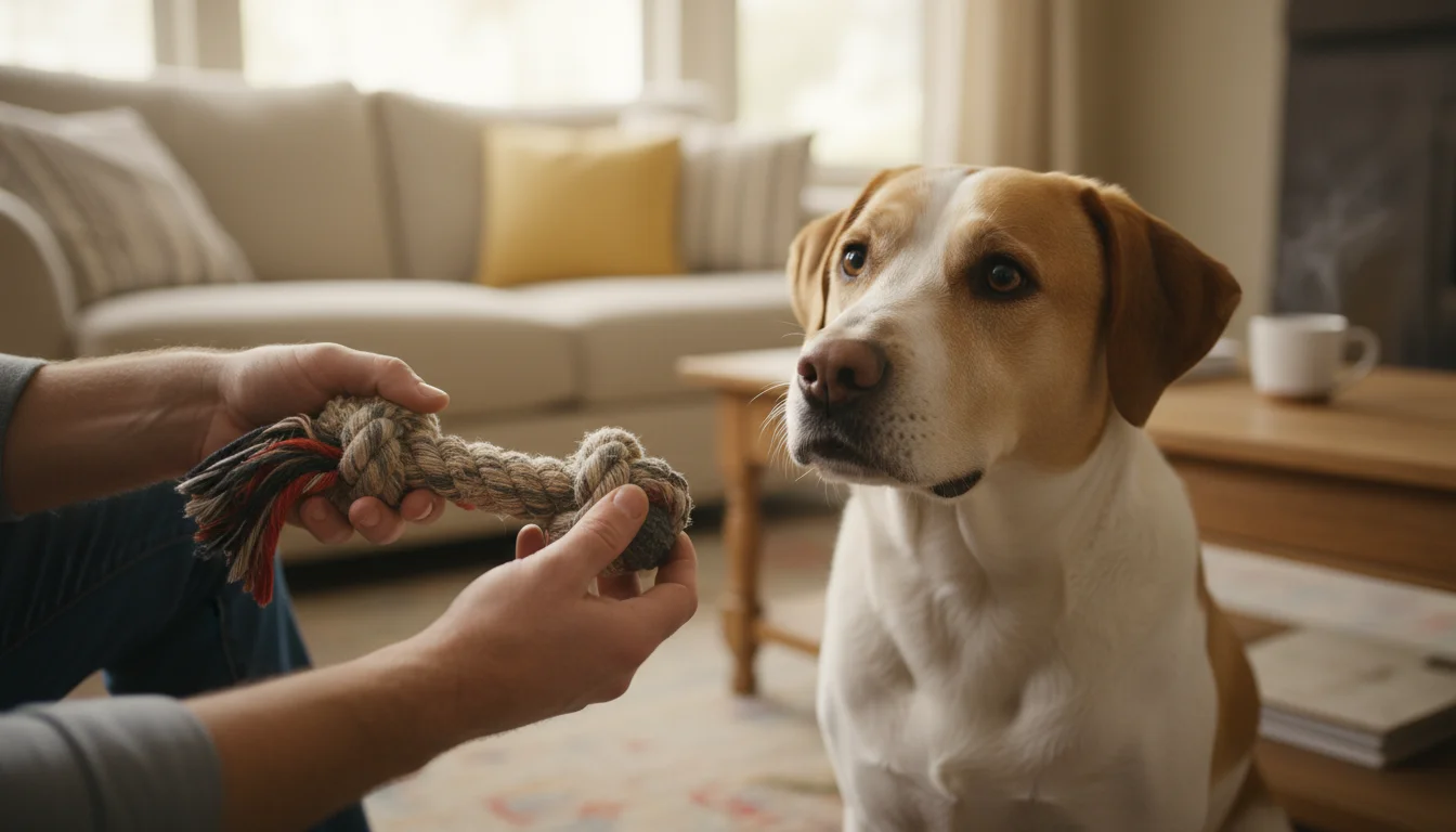 Close-up of human hands inspecting a durable dog toy, with a happy Labrador-Boxer mix dog looking intently at it.