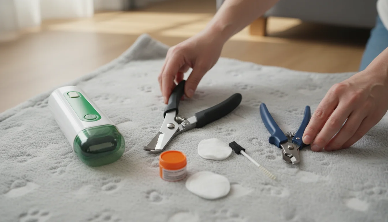 Human hands meticulously arrange dog nail clippers (scissor, guillotine) and a pet nail grinder on a light grey blanket.