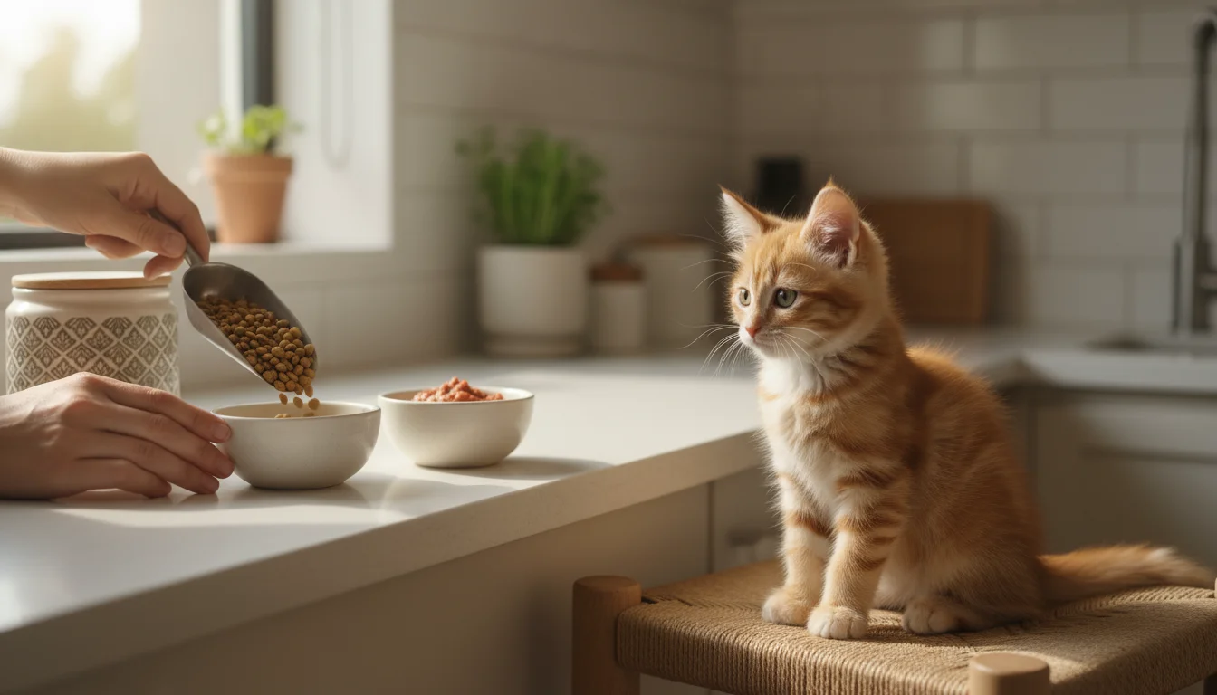 Close-up of human hands preparing a kitten's meal, scooping dry kibble into a bowl next to another bowl of wet food, with a ginger kitten watching eag
