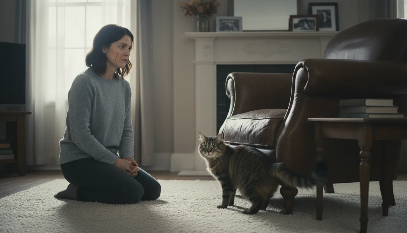 A human kneels, observing a wary brown tabby cat peeking from behind an armchair in a quiet living room.