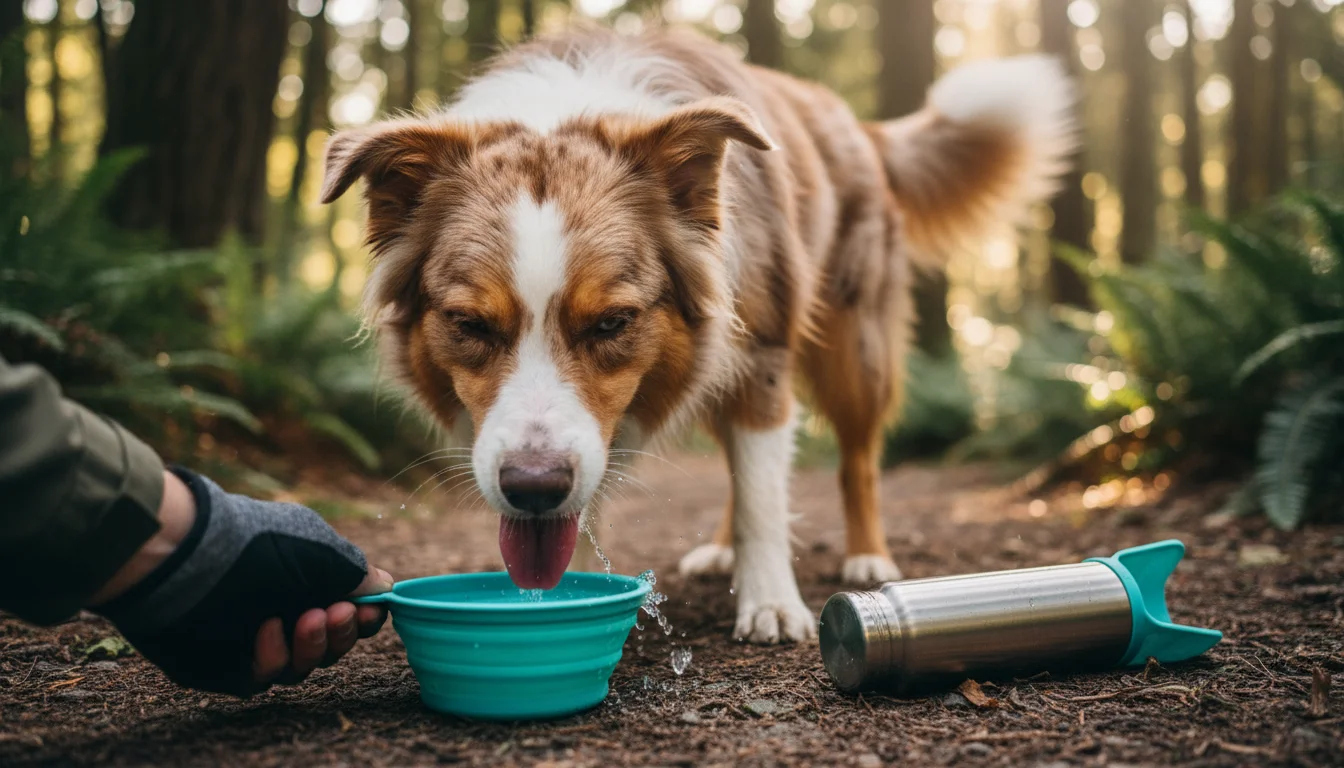 A joyful Australian Shepherd mix drinks from a blue collapsible bowl held by a person on a sun-dappled hiking trail. A portable water bottle is visibl