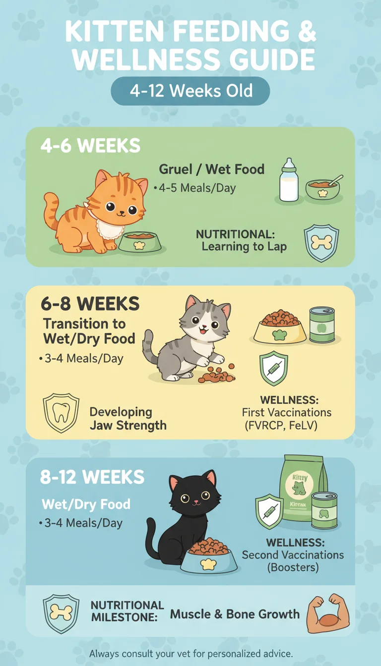 Infographic depicting kitten feeding schedule from 4 to 12 weeks, showing meal frequency and food type progression alongside vaccination milestones.