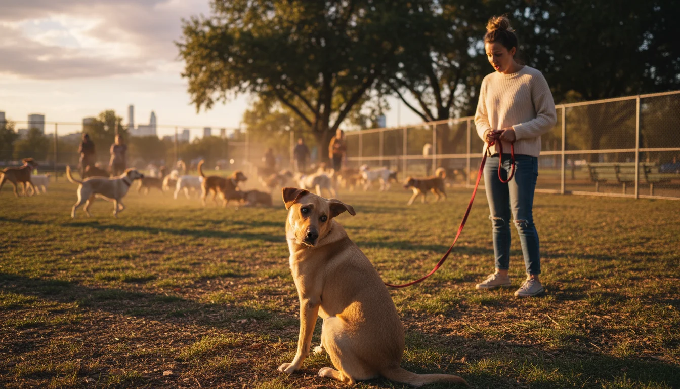 A Labrador mix at a busy dog park, sitting but intently staring at other dogs, ignoring its owner standing nearby with a leash.