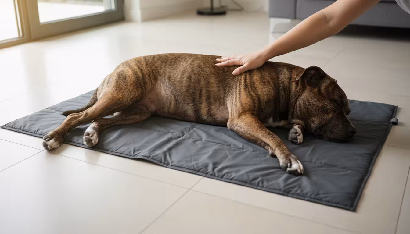 A large brindle Pit Bull mix dog is fully stretched and deeply relaxed on a spacious, durable dark gray cooling mat on a tile floor.