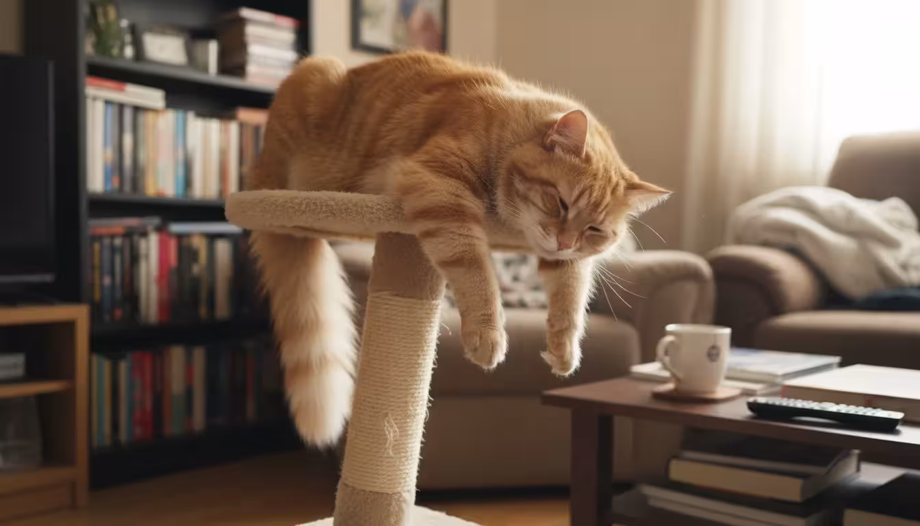 Large fluffy ginger tabby cat precariously balanced on a tiny, short beige cat tree in a small apartment living room.