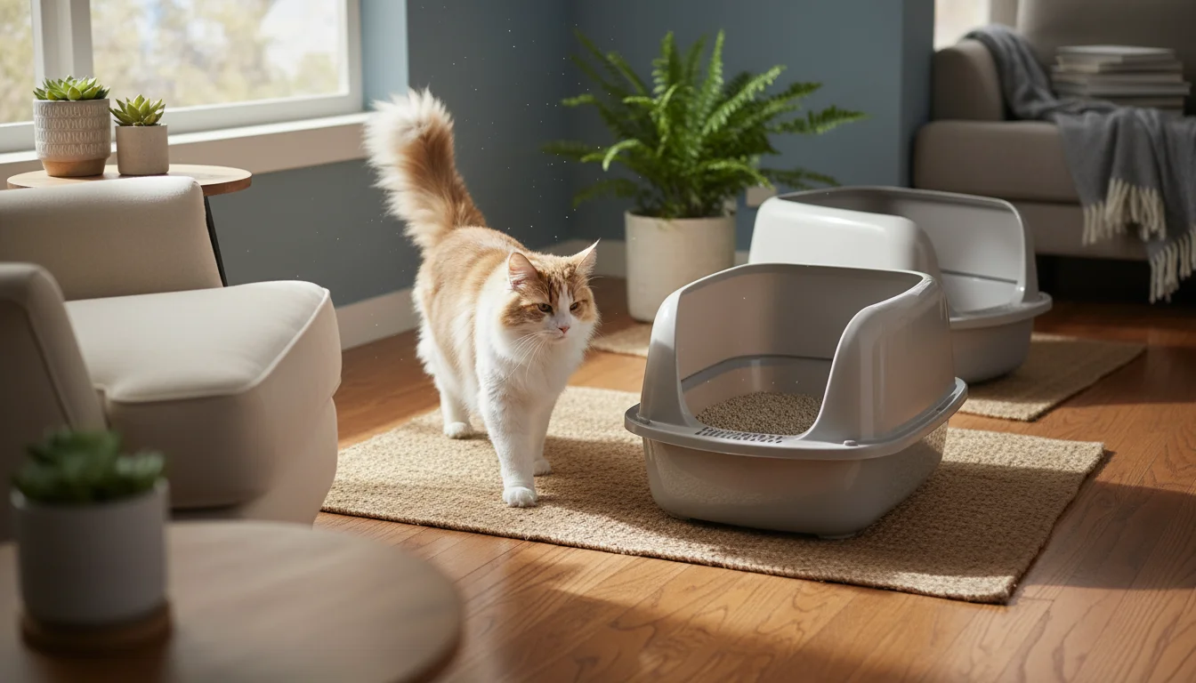 A large, relaxed cat walks towards a spacious litter box in a quiet, sunlit room. A second litter box is visible in the background.