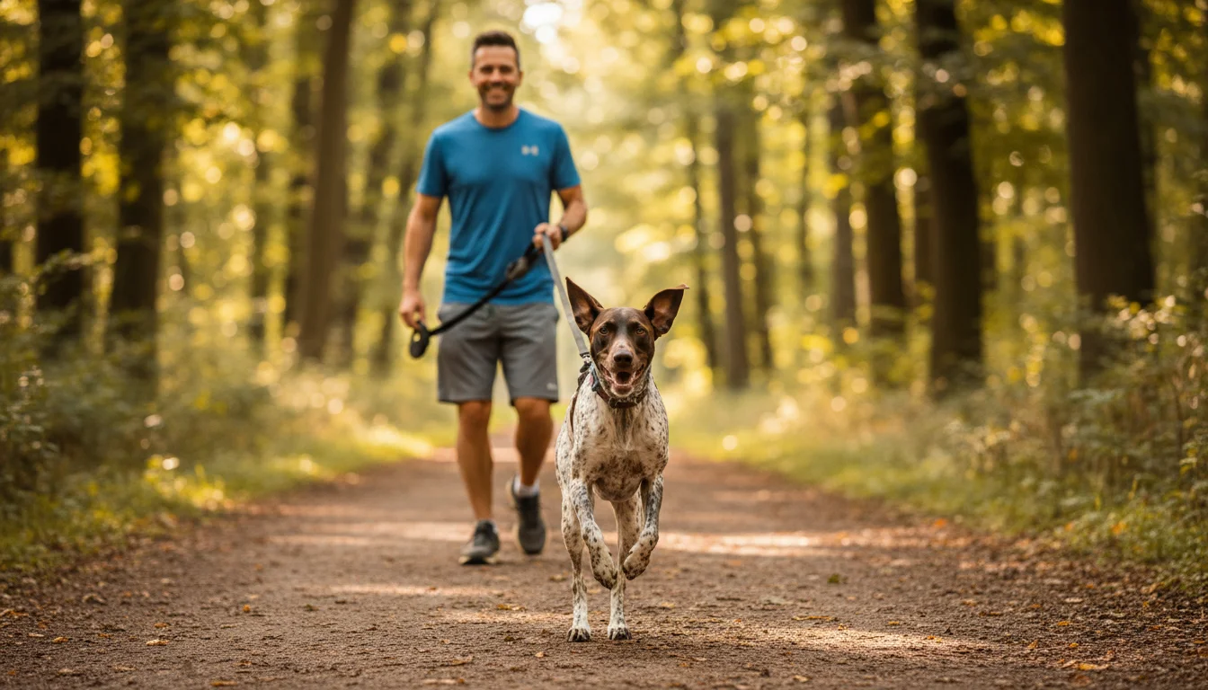 A lean, muscular adult German Shorthaired Pointer runs ahead on a sunny forest trail, its owner smiling behind.