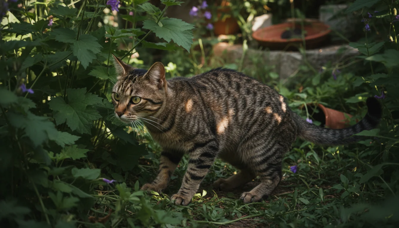 A lean tabby cat crouches low in thick garden bushes, eyes wide and focused, intently watching something unseen.