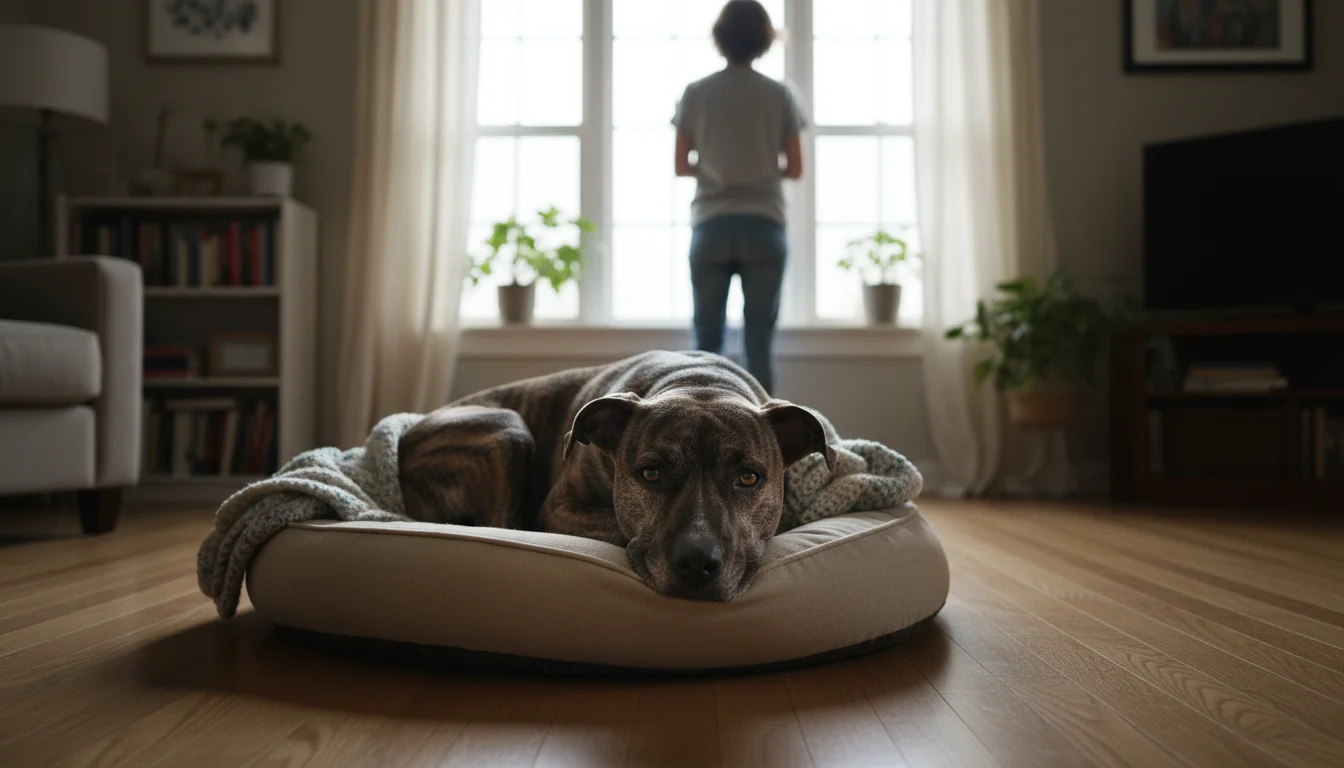 A lethargic brindle pitbull mix dog curls on its bed while its owner, standing by a window, watches it with concern.