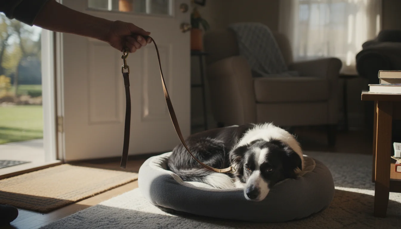 A lethargic dog, possibly a Border Collie mix, curled on its bed, ignores a person holding a leash nearby in a quiet living room.