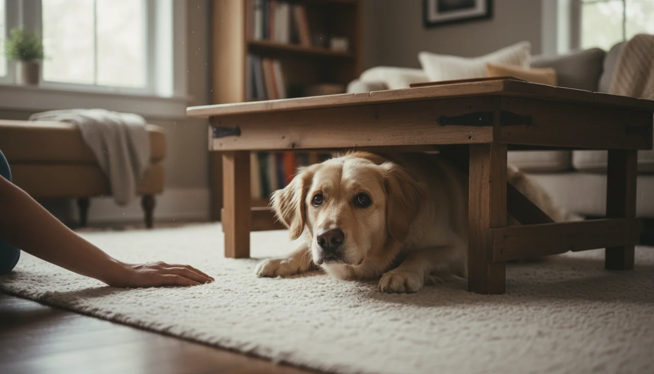 A light-furred dog with anxious body language is partially hidden under a coffee table, with an owner's hand resting nearby.