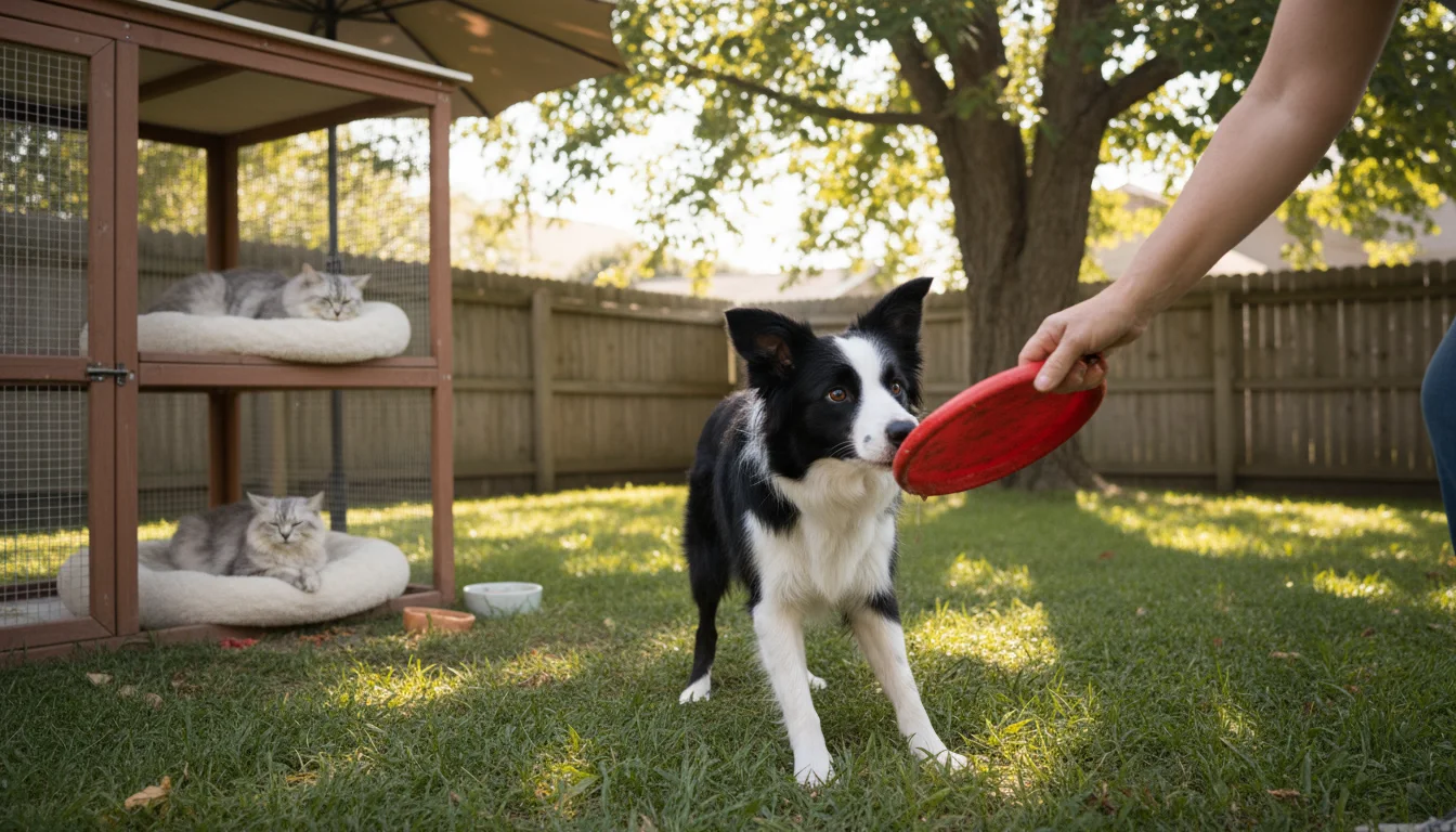 A lively Border Collie excitedly watches a frisbee, while a calm senior tabby cat rests in a shaded outdoor catio nearby.