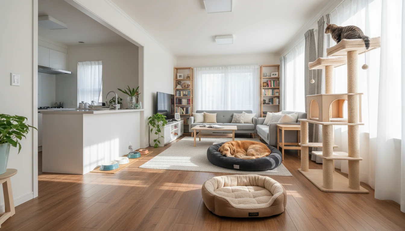 A living room showing distinct spaces for two pets, including two dog beds, a cat tree, and separate food bowls. A terrier mix observes calmly.