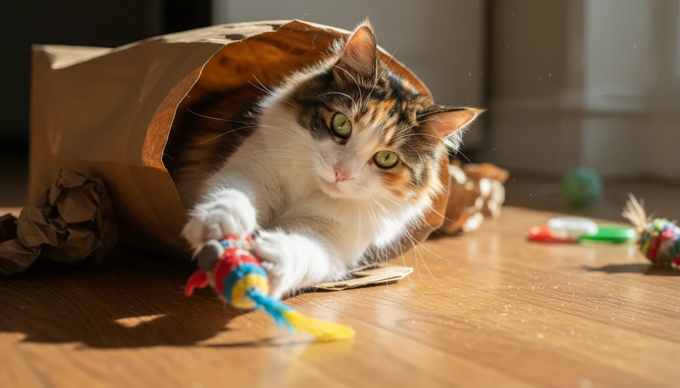 Long-haired calico cat playfully batting at a toy mouse while peeking from a brown paper bag on a sunlit wooden floor.