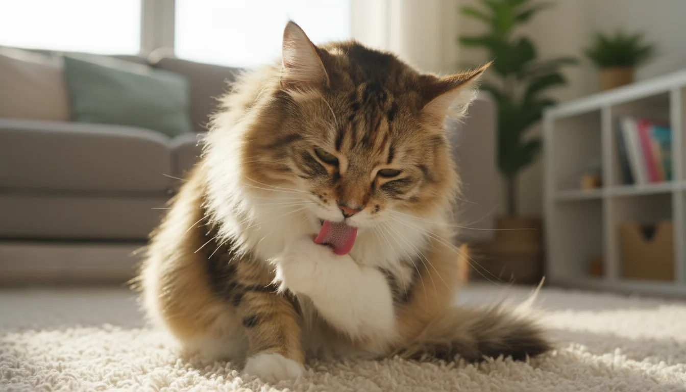 Long-haired cat meticulously licks its hind leg, tongue visible, on a warm rug in a cozy living room.