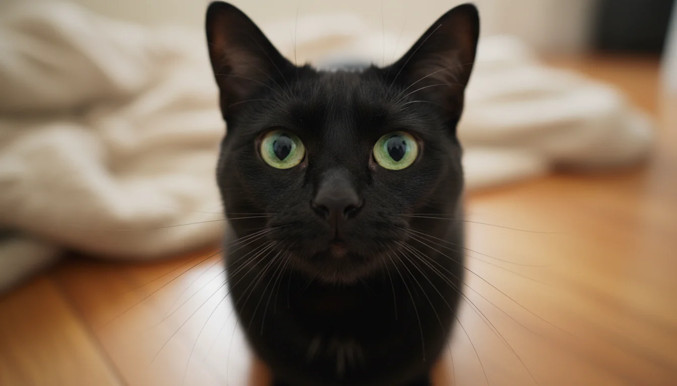 Extreme close-up, low-angle shot of a black cat's face, highlighting its striking emerald green eyes and long white whiskers.