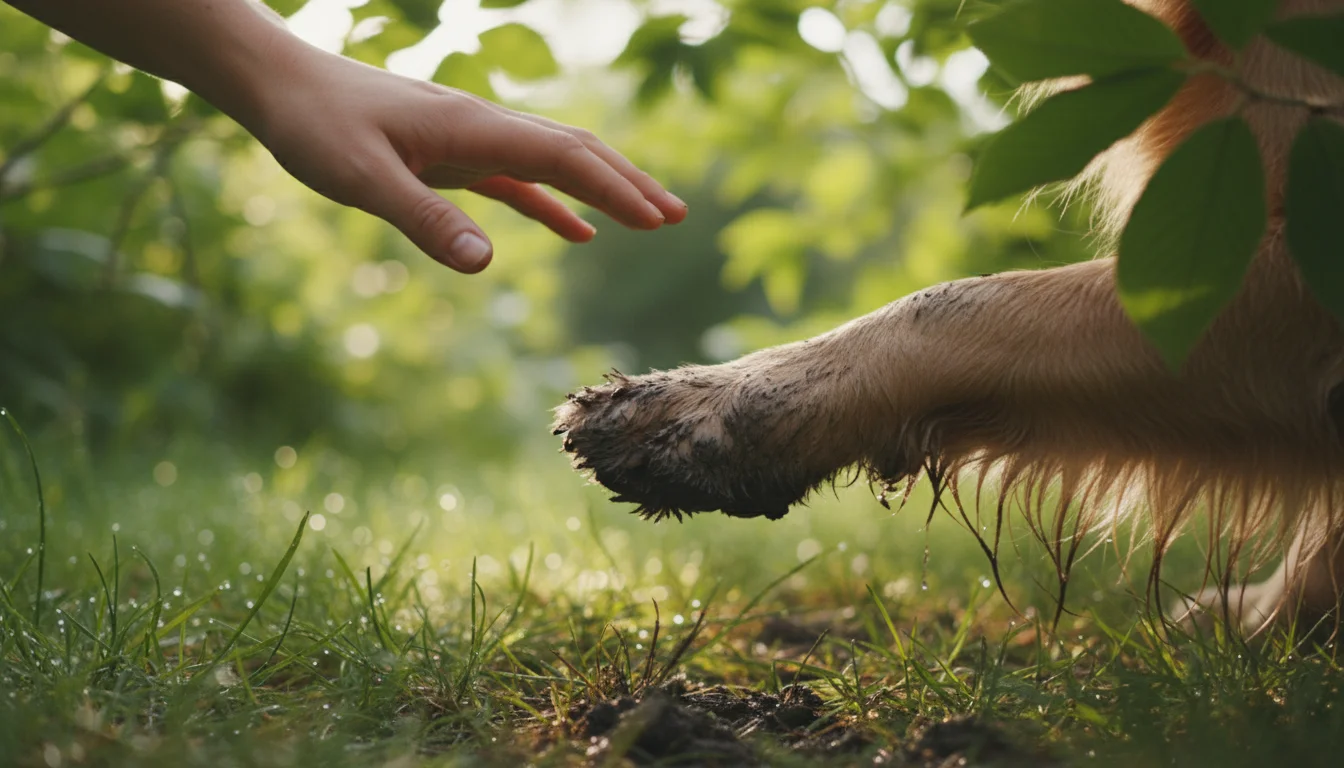 Close-up, low-angle shot of a golden retriever's muddy paw on grass with a human hand gently hovering over it.