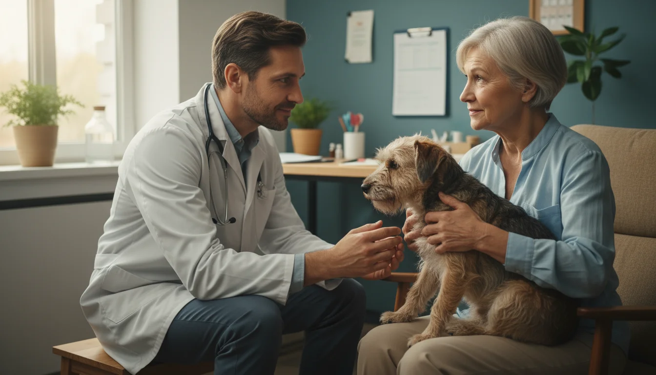 Male vet sitting on a stool, leaning towards an older woman holding her dog, making empathetic eye contact.