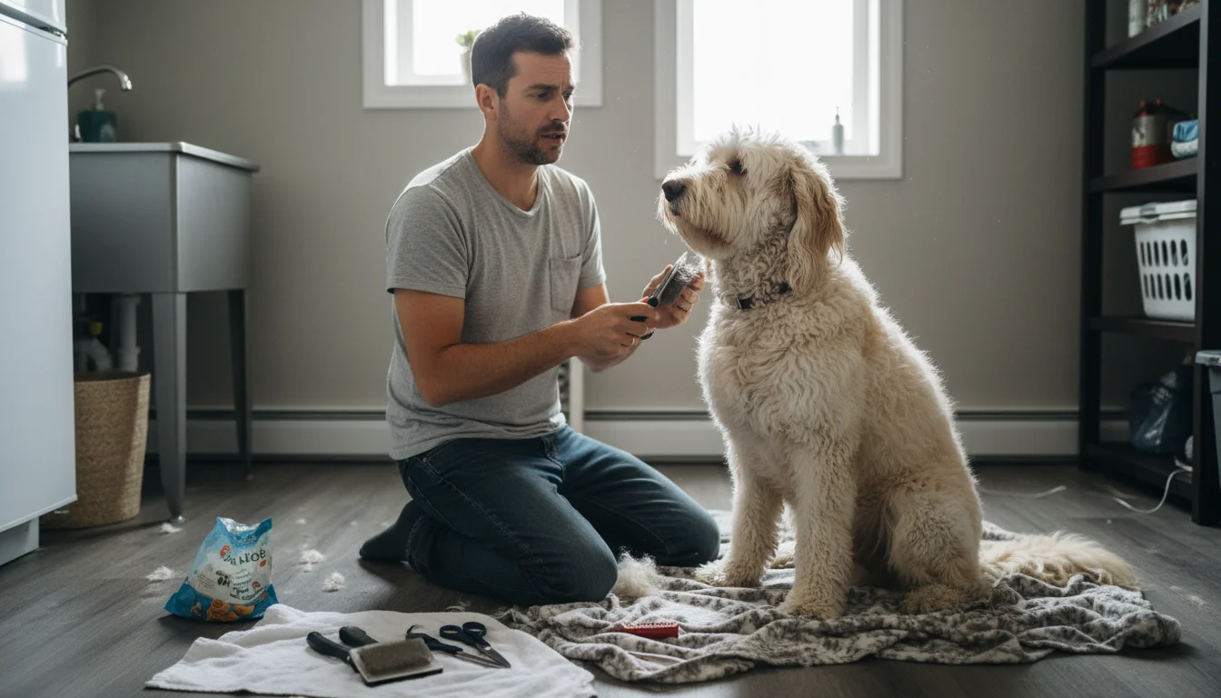 A man attempts to brush his shaggy Goldendoodle in a home utility room, looking thoughtfully at the dog's coat.