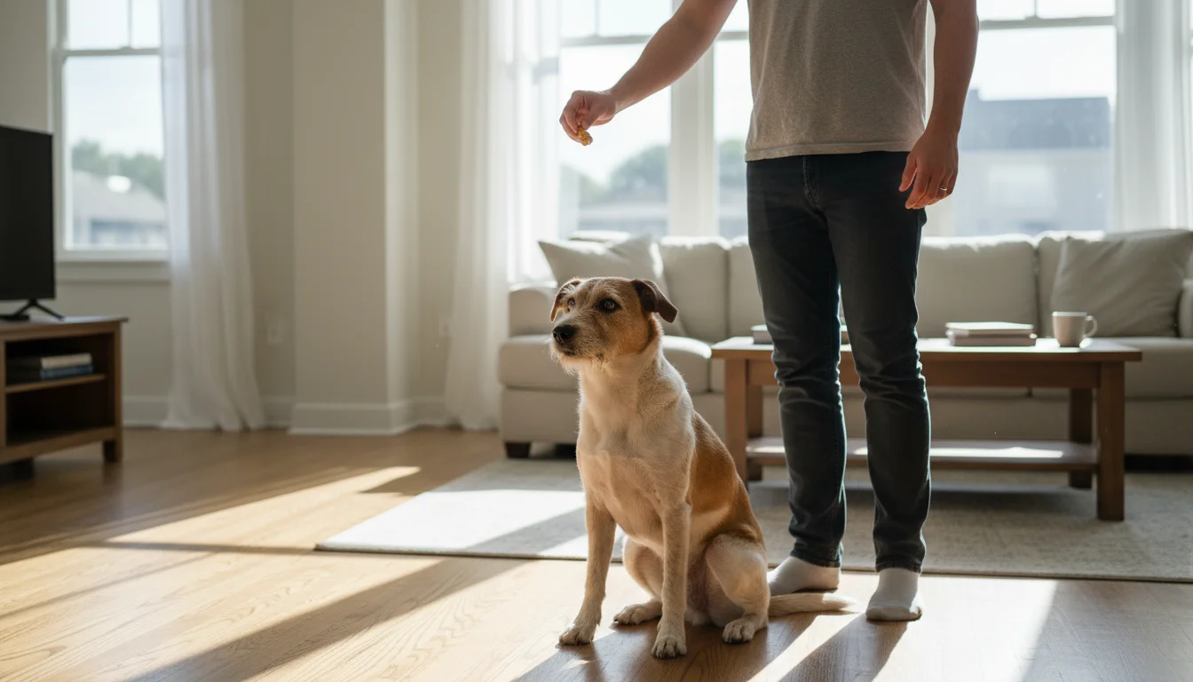 A man extends a treat to a small terrier mix, who watches intently, anticipating the reward after a clicker sound.