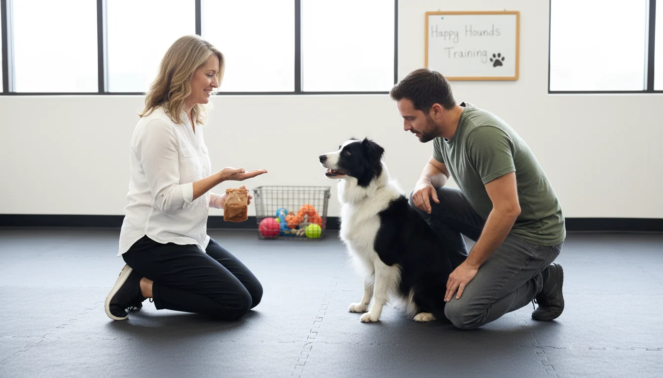 A man and his Border Collie intently watch a kneeling female dog behaviorist in a bright training room.