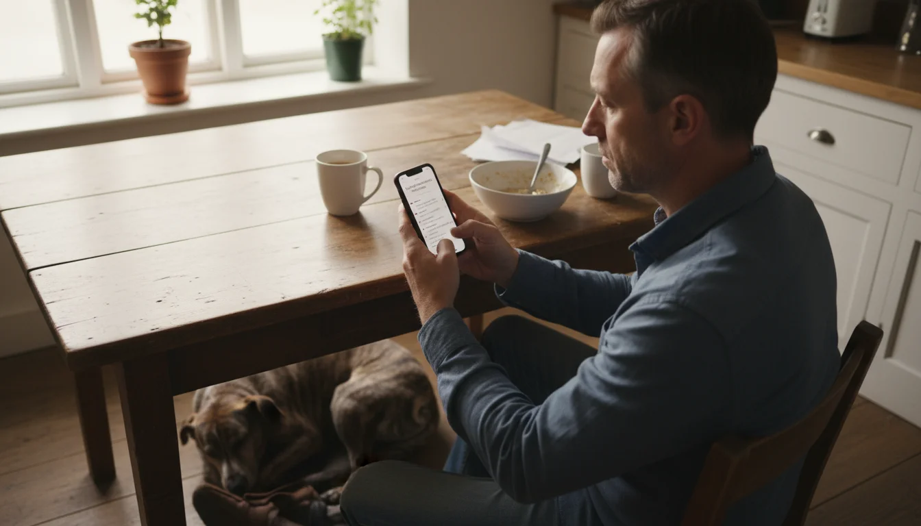Man in his kitchen looking at a phone with a dog lying at his feet, appearing contemplative about seeking help.