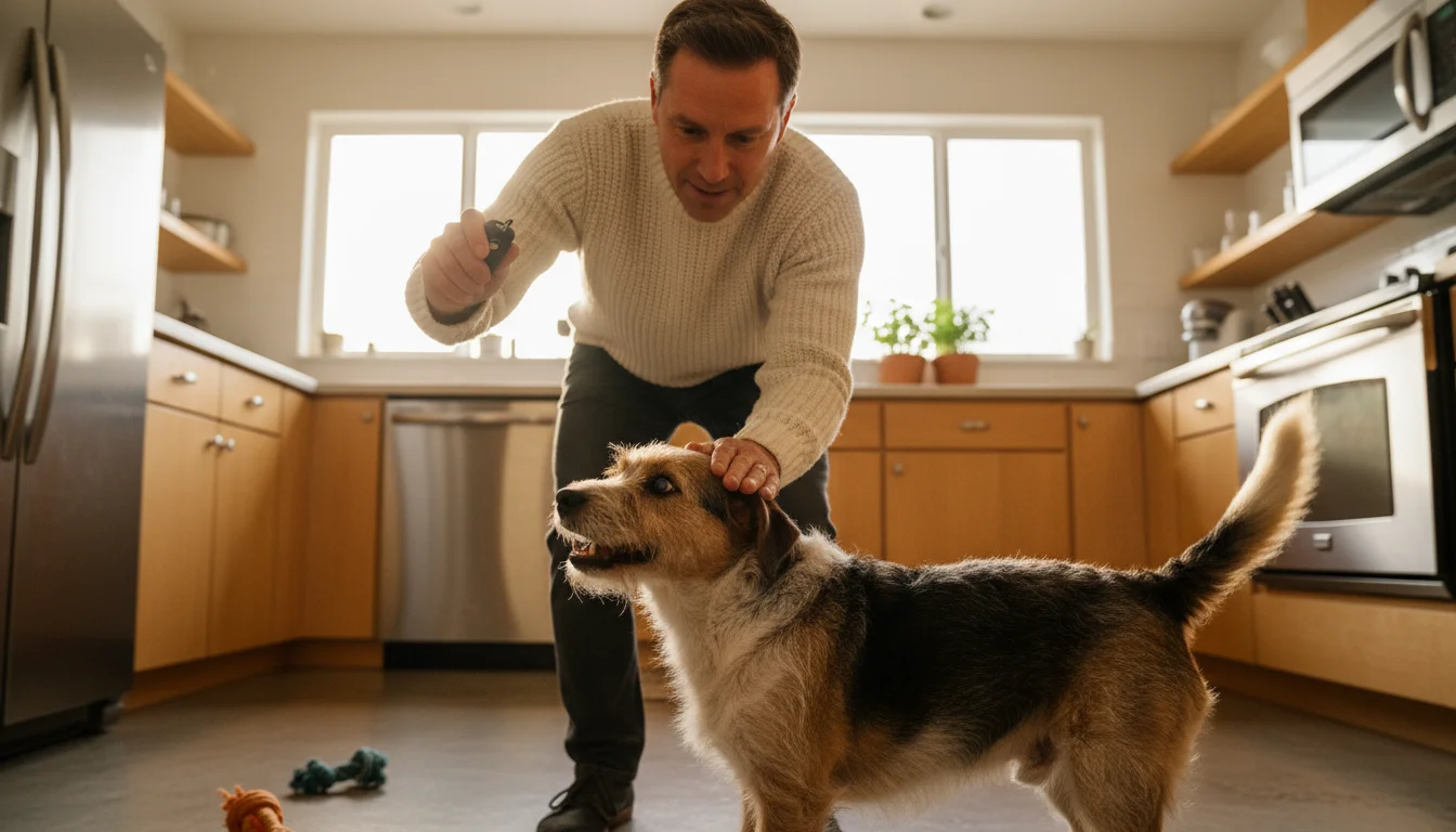 A man in his late 40s bends down to a small terrier mix in a kitchen. He holds a clicker, the dog touches his hand.