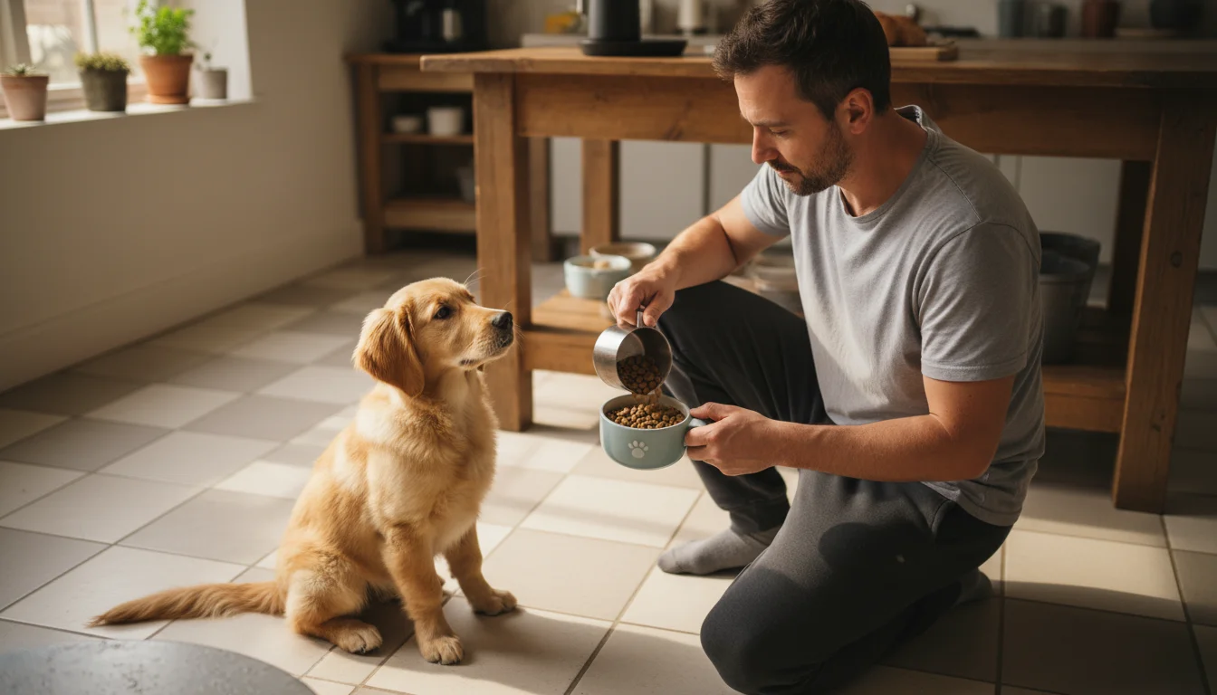 A man kneels in a kitchen, carefully pouring kibble from a measuring cup into a ceramic dog bowl while a golden retriever puppy watches patiently.