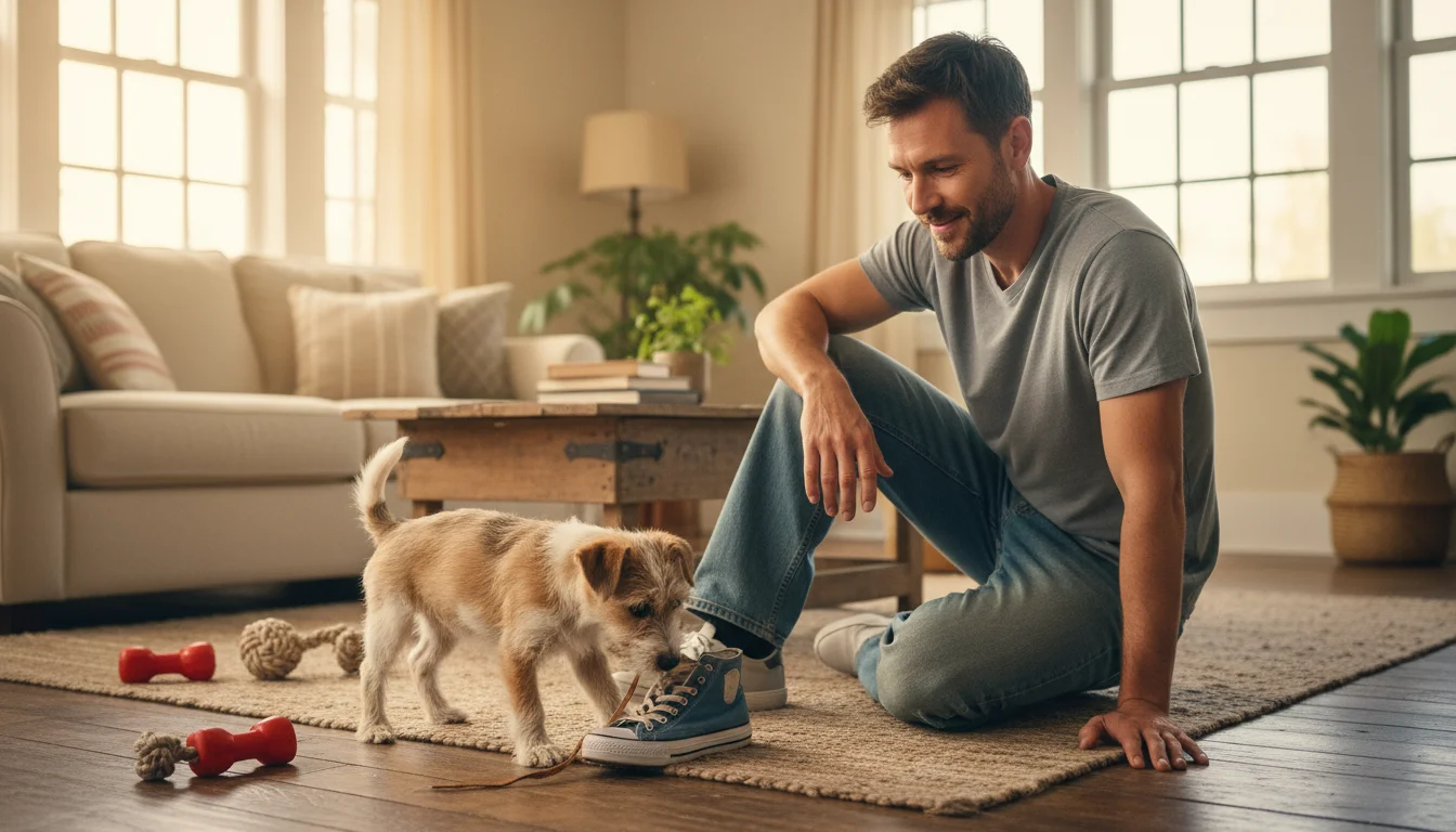 A man kneels on a living room floor, observing a small terrier mix puppy playfully tugging at a shoelace.