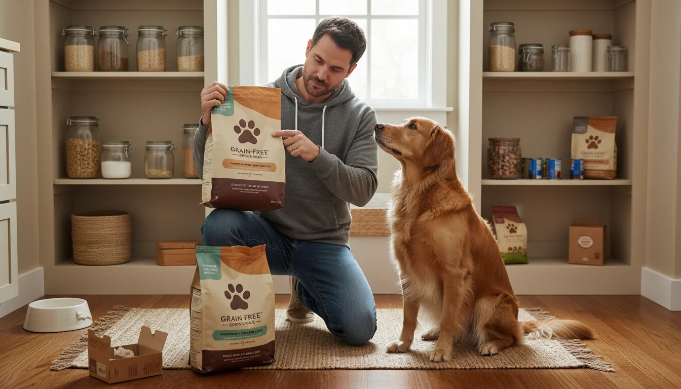 A man kneels in a pantry, carefully comparing labels on two large dog food bags while his dog watches him patiently.