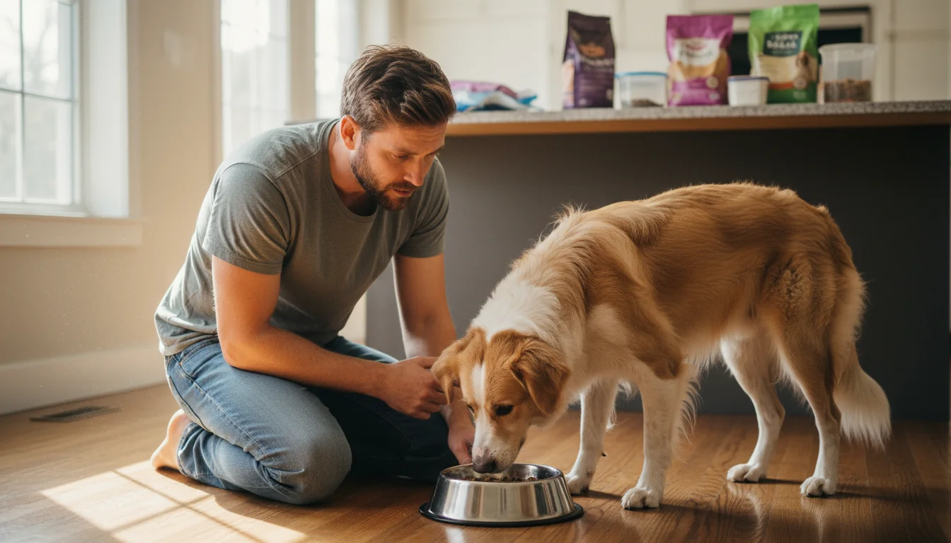 A man kneels, watching his dog sniff its food bowl without interest. Several dog food bags are visible on a counter in the background.