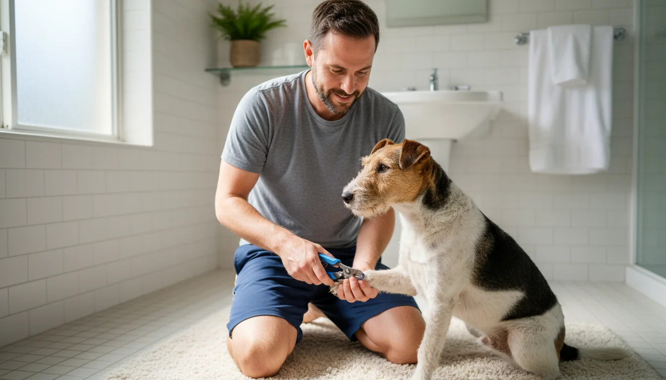 Man patiently kneels with Wire Fox Terrier mix in a bright bathroom, gently holding its paw before a nail trim.