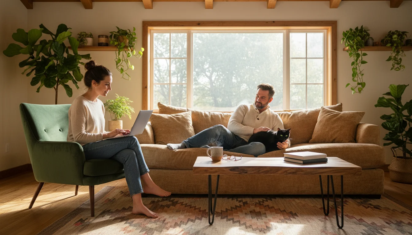 A man pets a black cat on a sofa while a woman looks at cat care information on her laptop in a warm, sunlit living room.