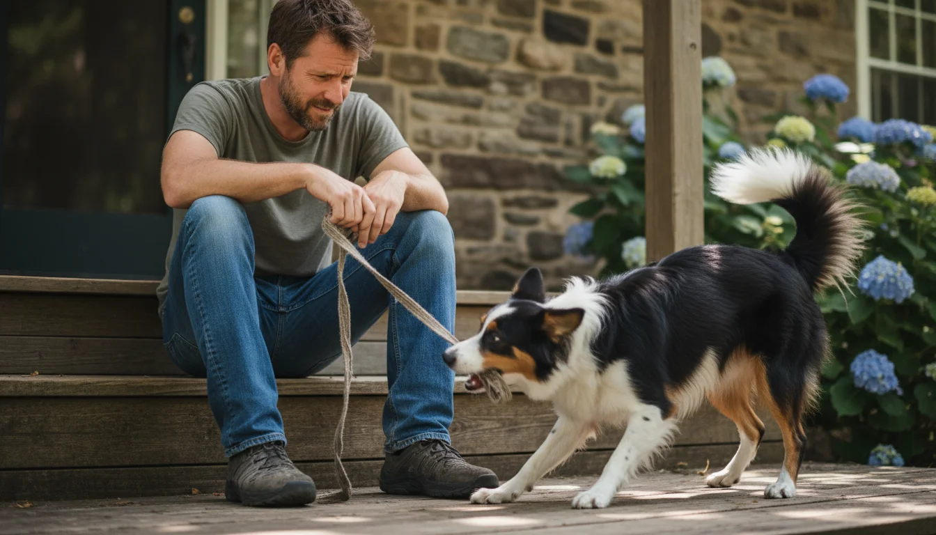 A man sits on a porch step, thoughtfully watching his energetic border collie mix dog playfully tugging on a leash.