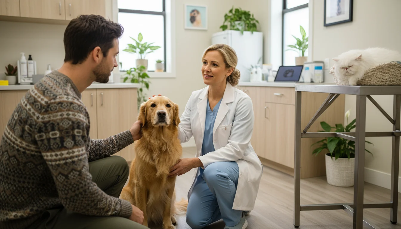 A man gently strokes his golden retriever-mix dog while a veterinarian points to a tablet, discussing pet health.