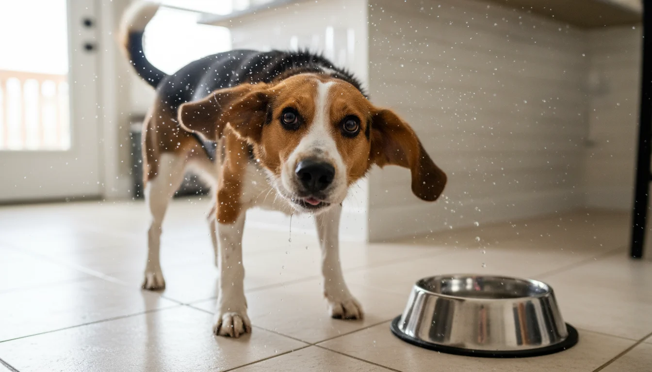 A medium-sized beagle mix dog vigorously shaking its head after drinking water, with droplets flying. Its eyes are in sharp focus.