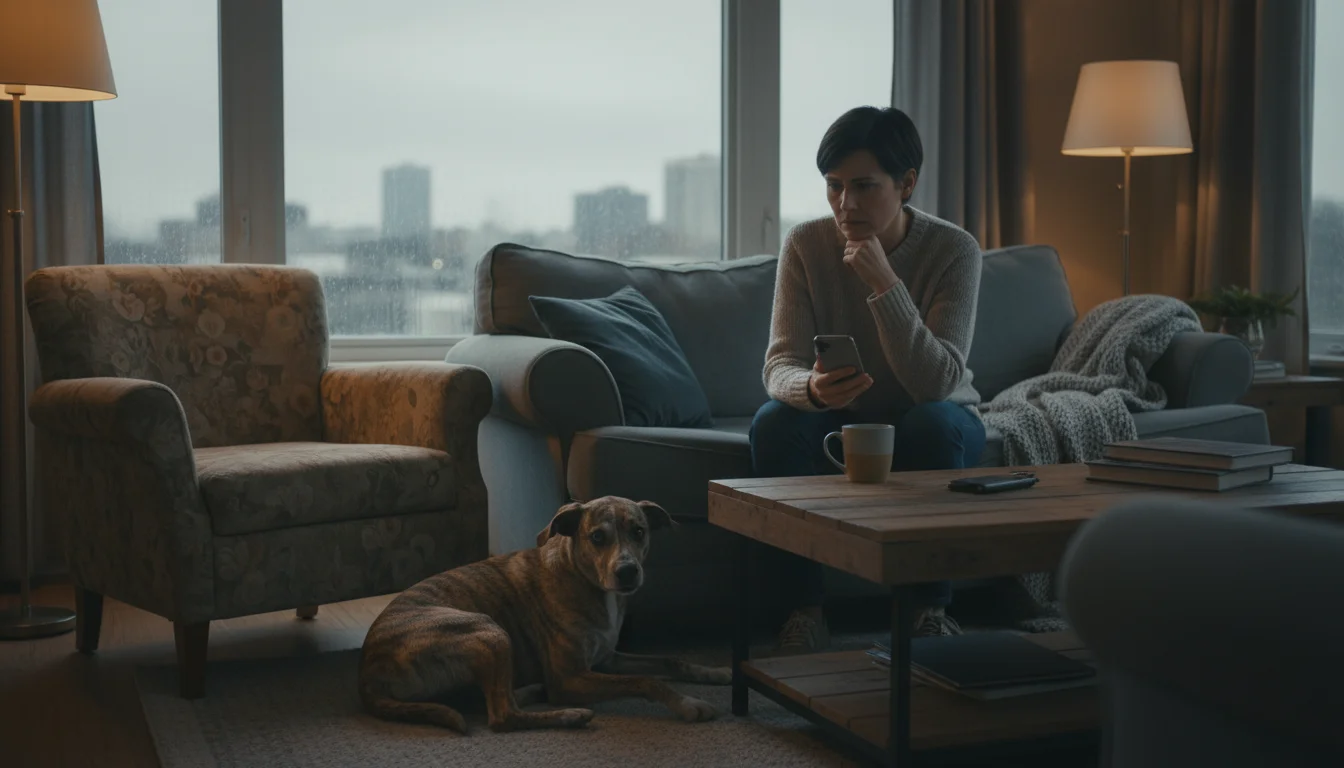 Medium-sized brindle dog anxiously chewing a worn armchair leg, while a concerned person watches, contemplating their phone.