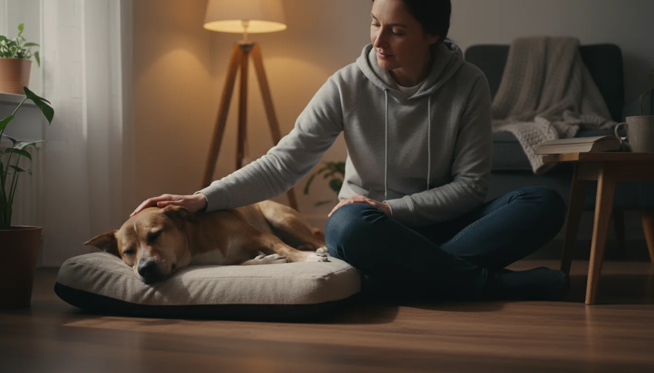 A medium-sized brindle dog rests quietly on its bed, looking unusually still, while its owner observes with a concerned expression.