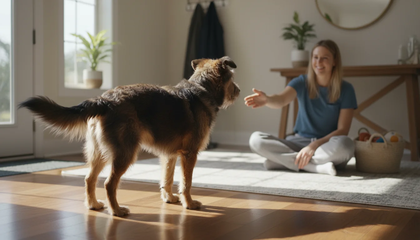 A medium-sized dog with a black and tan coat stands cautiously in an entryway, its tail at mid-height with a slow wag.