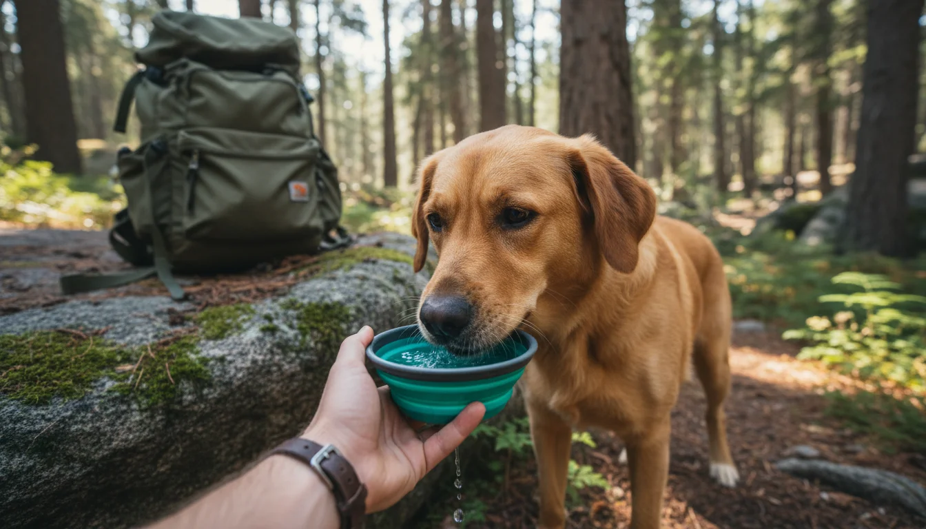 A medium-sized dog eagerly laps water from a collapsible bowl held by a person's hand on a hiking trail. A backpack is visible.