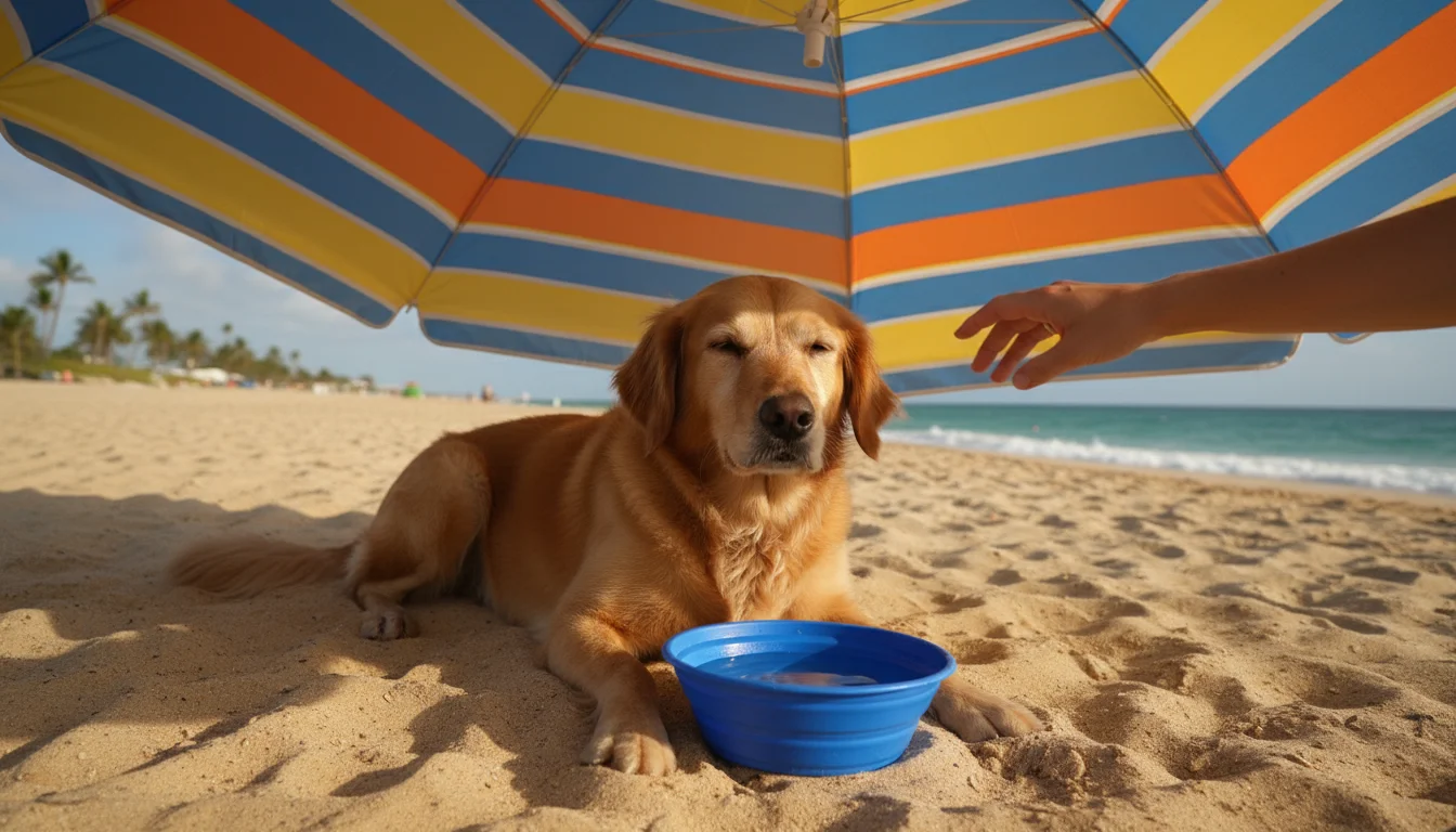A medium-sized dog rests comfortably in the shade of a colorful beach umbrella, drinking water from a portable bowl on a sunny beach.